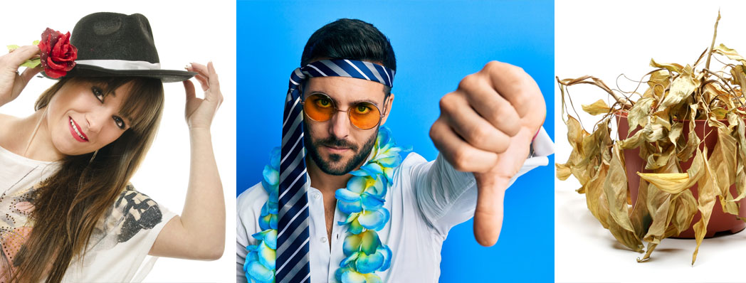 Women in unstylish hat with rose on it, man thumbs down and dead plant