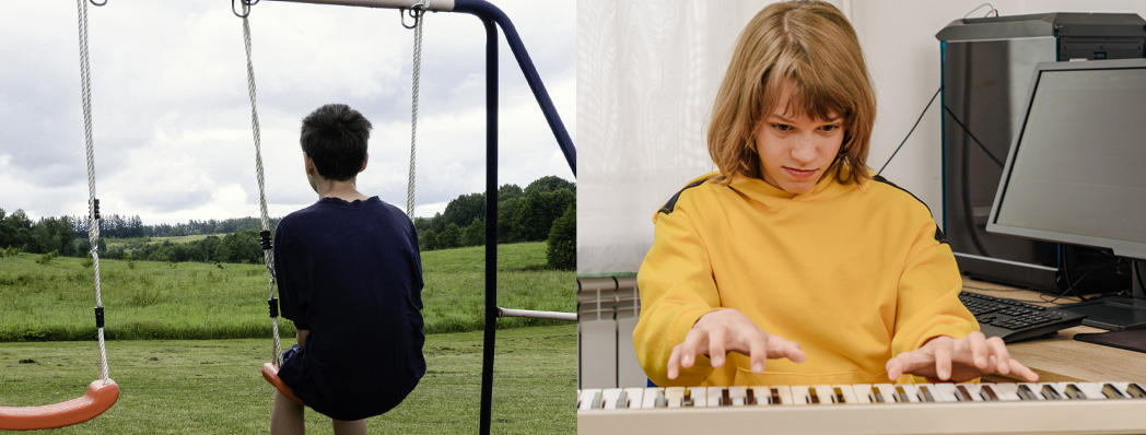 Boy alone and girla playing piano badly